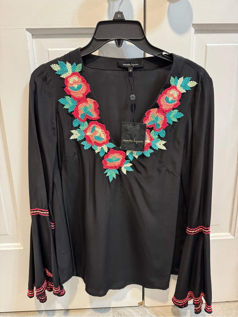Nanette Lepore Black Top with Coral and Teal Floral Embroidery